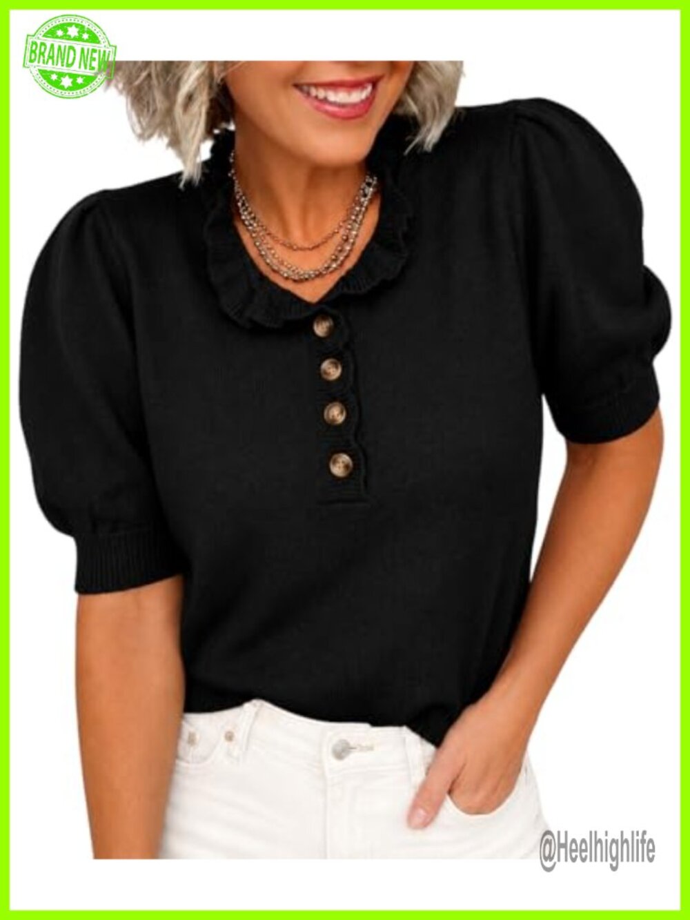 Short Sleeve Ruffle Crewneck Puff Sleeve Sweater